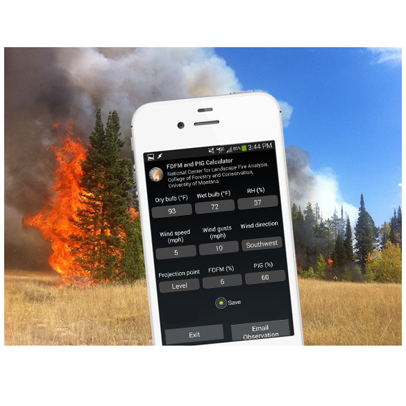 Smart phone displaying fire weather app near forest fire