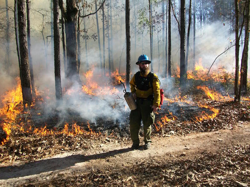 man in front of forest floor fire